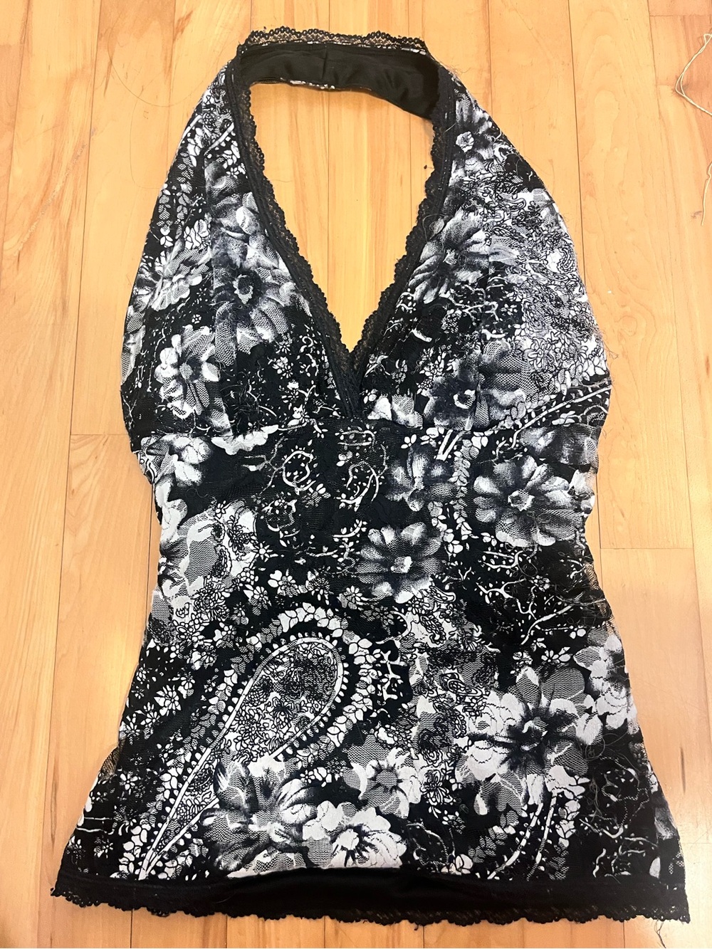Black-White floral halter top, lace trim